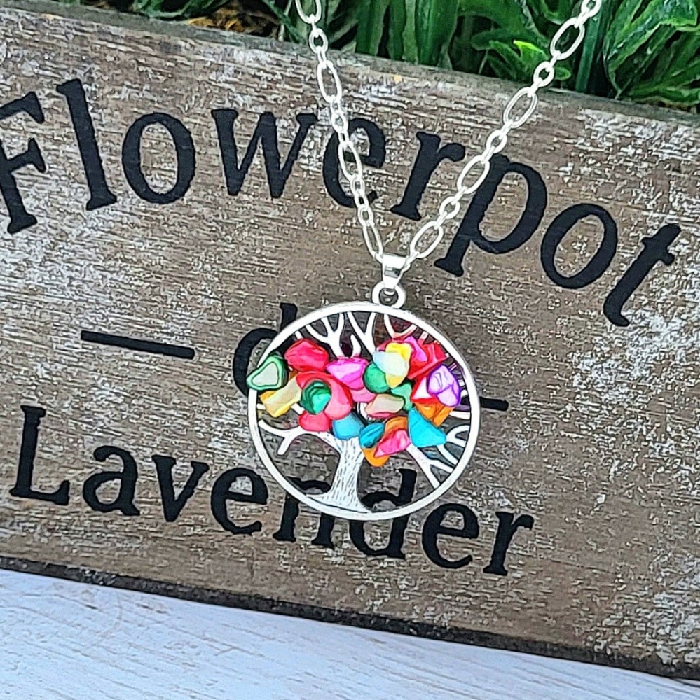 Colorful Tree of Life, natural cut stone pendant necklace! New! Rainbow colors